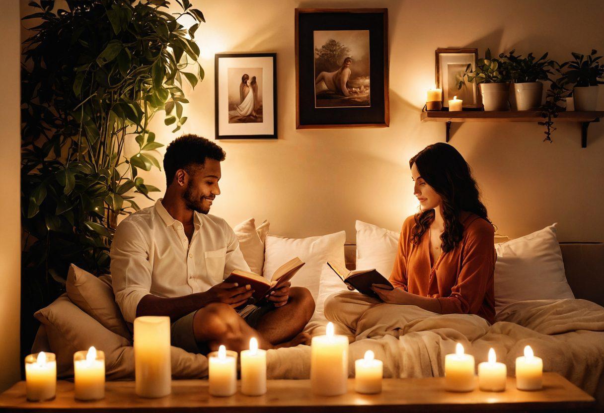 A serene and intimate setting featuring a couple sharing a joyful moment in a cozy, softly lit room adorned with candles and lush plants. Include subtle elements like books on mindfulness and relationship tips scattered around, with gentle touches of sensual art on the walls. The atmosphere should evoke warmth and openness, inviting exploration of desires and connections. soft-focus. warm colors. subtle lighting.