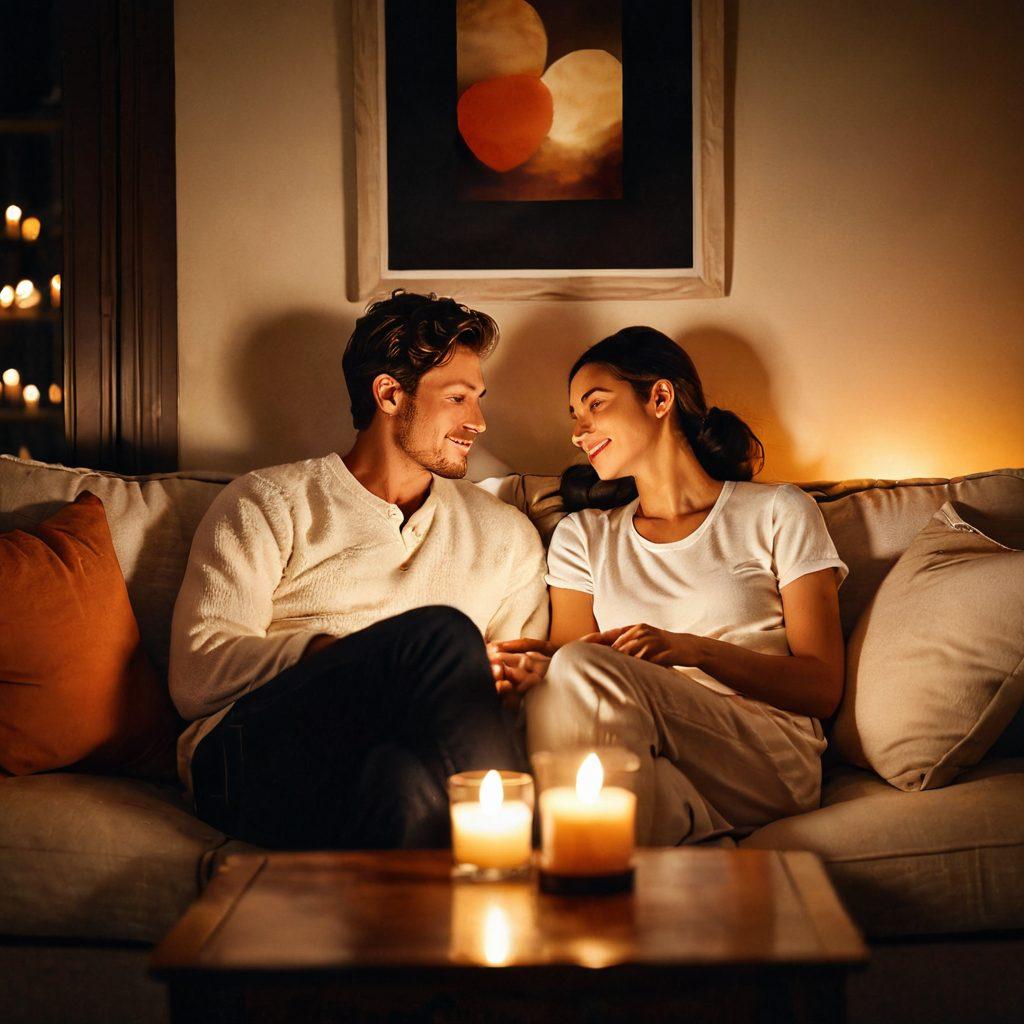 A cozy scene depicting a couple sitting close together on a plush sofa, surrounded by warm candlelight and soft pillows. They are engaged in a deep conversation, their expressions full of love and understanding. Soft, ambient lighting enhances the intimate atmosphere, with a heart shape subtly formed by the pillows around them. The background features a softly blurred romantic setting, suggesting comfort and connection. super-realistic. warm colors. soft focus.